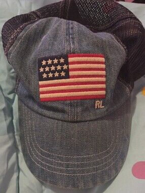 100%   Polo by Ralph Lauren Blue Mesh Back Hat with Brown Leather Strap